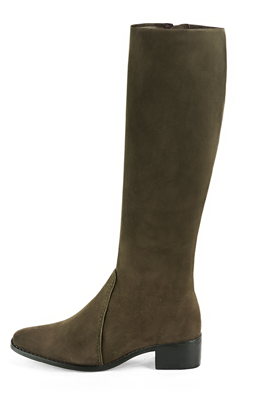 Khaki green women's riding knee-high boots. Round toe. Low leather soles. Made to measure. Profile view - Florence KOOIJMAN